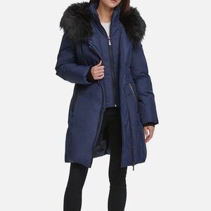 DKNY Midnight Puffer Coat with Faux Fur Trim
